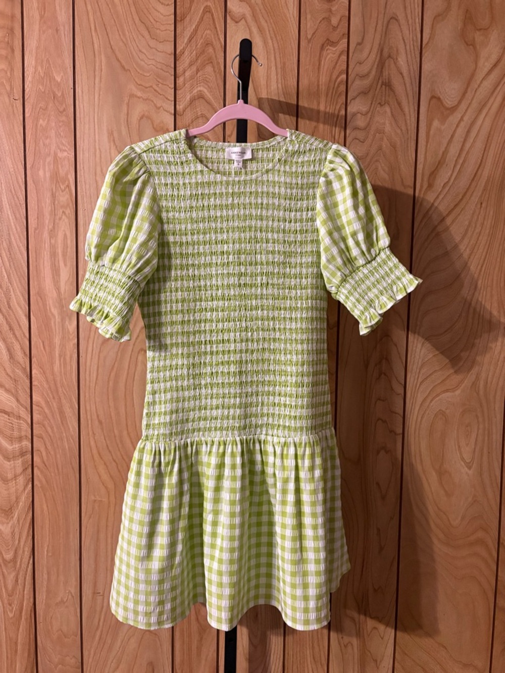 Anniewear Lime Green Gingham Smocked Puff Sleeve Mini Dress Size S NWOT